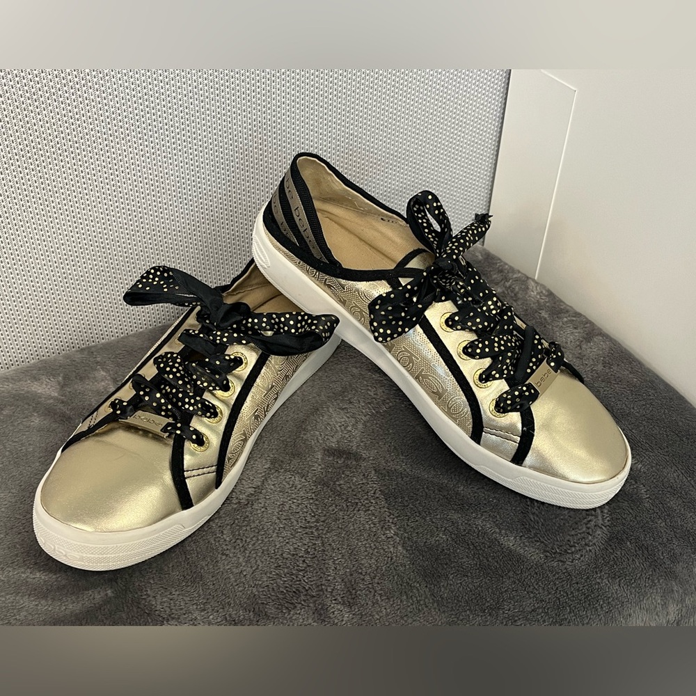Bebe sport gold metallic sneakers. Foldable back. Polka dot laces. Black trim. 8